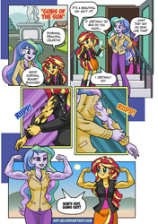 Size: 600x851 | Tagged: safe, artist:art-2u, princess celestia, principal celestia, sunset shimmer, equestria girls, clothes, duo, female, flexing, muscles, princess musclestia, principal musclestia, ripping clothes, sunset lifter