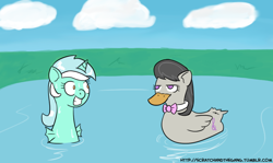 Size: 1024x609 | Tagged: safe, artist:deathshadow1991, lyra heartstrings, octavia melody, duck, sea pony, ducktavia, octavia is not amused, seapony lyra, species swap, tumblr:scratch and the gang, unamused