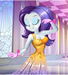 Size: 480x527 | Tagged: safe, artist:kimpossiblelove, rarity, equestria girls, alternate hairstyle, breasts, clothes, dress, eyes closed, female, fynsy, raritits, solo