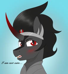 Size: 2119x2318 | Tagged: safe, artist:dyonys, derpibooru exclusive, derpibooru import, king sombra, pony, unicorn, blushing, bust, curved horn, cute, horn, i'm not cute, male, open mouth, portrait, solo, sombradorable, stallion, text, tsundere