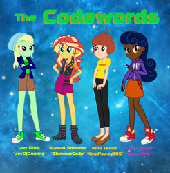 Size: 1554x1581 | Tagged: safe, artist:biggernate91, derpibooru exclusive, edit, editor:biggernate91, sunset shimmer, oc, oc:joy stick, oc:nina tendo, oc:trigger finger, equestria girls, equestria girls series, beanie, clothes, converse, gamer sunset, geode of empathy, hat, hoodie, inkscape, magical geodes, miniskirt, shimmercode, shoes, shorts, skirt, sneakers, socks, sunset gamer, super mario maker 2, text, twitch, vector