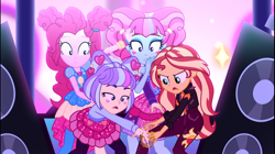Size: 1930x1080 | Tagged: safe, screencap, kiwi lollipop, pinkie pie, sunset shimmer, supernova zap, better together, equestria girls, sunset's backstage pass!, clothes, female, fight, geode of empathy, geode of sugar bombs, hair bun, k-lo, magical geodes, miniskirt, postcrush, skirt, speakers, stage, su-z, time twirler