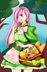 Size: 792x1224 | Tagged: safe, artist:handmantoot, fluttershy, human, basket, cape, clothes, dress, humanized, picnic basket, solo