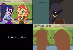 Size: 2292x1588 | Tagged: safe, artist:starman1999, sci-twi, sunset shimmer, twilight sparkle, better together, equestria girls, bagged, comic, covered, female, geode of empathy, geode of telekinesis, grammar error, hidden face, magical geodes, misspelling
