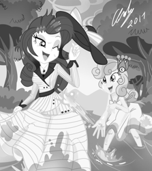 Size: 1800x2014 | Tagged: safe, artist:succubi samus, rarity, sweetie belle, equestria girls, make new friends but keep discord, ppov, black and white, clothes, commission, costume, cute, diasweetes, dress, female, flower, flower in hair, forest, gala dress, grayscale, hat, lake, messy hair, monochrome, playful, raribetes, raristocrat, rose dewitt bukater, show accurate, sisterly love, sisters, smiling, splashing, titanic, tree, wet