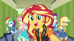 Size: 1280x720 | Tagged: safe, screencap, applejack, fluttershy, rainbow dash, rarity, sunset shimmer, better together, do it for the ponygram!, equestria girls, cute, lockers, looking at you, shimmerbetes