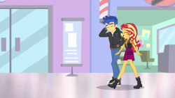 Size: 1280x720 | Tagged: safe, screencap, flash sentry, sunset shimmer, better together, do it for the ponygram!, equestria girls, barbershop pole, boots, canterlot mall, converse, cute, diasentres, legs, mall, shimmerbetes, shipping fuel, shoes, sneakers, walking