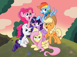 Size: 1712x1280 | Tagged: safe, artist:zalakir, derpibooru import, applejack, fluttershy, pinkie pie, rainbow dash, rarity, twilight sparkle, twilight sparkle (alicorn), alicorn, earth pony, pegasus, pony, unicorn, bush, mane six, mane six opening poses, one eye closed, rock, smiling, wink