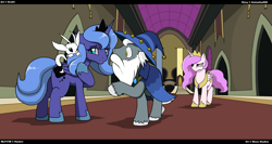 Size: 1576x837 | Tagged: safe, artist:droll3, princess celestia, princess luna, star swirl the bearded, alicorn, pony, blushing, crossover, fanfic, fanfic art, frown, ori, ori and the blind forest, pink mane, pink-mane celestia, s1 luna, wide eyes, younger