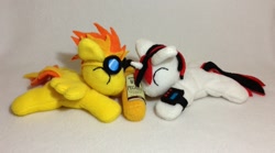 Size: 1063x591 | Tagged: safe, artist:bewareofkitty, derpibooru import, spitfire, oc, oc:blackjack, pony, unicorn, fallout equestria, beanie (plushie), irl, photo, plushie, toy