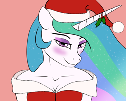 Size: 1500x1200 | Tagged: safe, artist:deathalchemist94, princess celestia, anthro, blushing, clothes, costume, hat, holly, holly mistaken for mistletoe, looking at you, santa costume, santa hat, simple background, smiling, solo