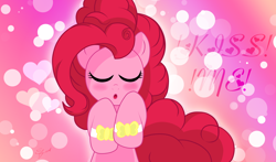 Size: 5488x3216 | Tagged: safe, artist:edgar2225, pinkie pie, earth pony, pony, :o, bipedal, blushing, bracelet, bronybait, bust, cute, eyes closed, heart, jewelry, kissing, kissy face, open mouth, solo