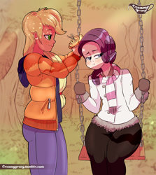 Size: 2029x2273 | Tagged: safe, artist:creamygravy, applejack, rarity, human, :t, clothes, coat, female, flower, humanized, jacket, lesbian, light skin, rarijack, scarf, shipping, swing