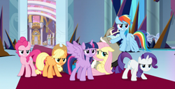 Size: 1647x846 | Tagged: safe, derpibooru import, screencap, applejack, discord, fluttershy, pinkie pie, rainbow dash, rarity, twilight sparkle, twilight sparkle (alicorn), alicorn, draconequus, earth pony, pegasus, pony, unicorn, the beginning of the end, angry, cropped, female, floppy ears, flying, growling, male, mane six, mare, spread wings, wings