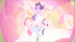 Size: 1745x983 | Tagged: safe, derpibooru import, screencap, applejack, fluttershy, pinkie pie, rainbow dash, rarity, twilight sparkle, twilight sparkle (alicorn), alicorn, earth pony, pegasus, pony, unicorn, the beginning of the end, cute, epic, ethereal mane, eyes closed, female, floating, glowing horn, holding hooves, light, magic, magic aura, magic of friendship, mane six, mare, nose in the air, smiling, spread wings, teamwork, wings