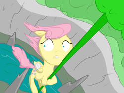 Size: 6400x4800 | Tagged: safe, artist:ampderg, fluttershy, pegasus, pony, absurd resolution, bandage, cliff, falling, female, hanging, scared, solo, vine