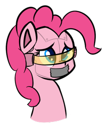 Size: 380x429 | Tagged: safe, artist:lux, pinkie pie, cyborg, earth pony, pony, robot, emote, mute, ponkbot, sad, simple background, solo, tape, transparent background, visor