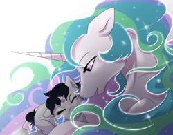 Size: 938x734 | Tagged: safe, artist:gamblingfoxinahat, princess celestia, oc, oc:star cross, alicorn, pony, cuddling, eyes closed, female, momlestia, mother and child, mother and daughter, nuzzling, offspring, parent and child, parent:good king sombra, parent:king sombra, parent:princess celestia, parents:celestibra, snuggling