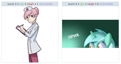 Size: 534x285 | Tagged: safe, lyra heartstrings, nurse redheart, derpibooru, exploitable meme, human fetish, humanized, humie, juxtaposition, juxtaposition win, meta