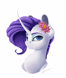 Size: 2100x2450 | Tagged: safe, artist:skitsroom, rarity, pony, unicorn, cheek fluff, chest fluff, curved horn, cute, female, flower, flower in hair, mare, raribetes, simple background, solo