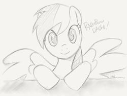 Size: 2048x1536 | Tagged: safe, artist:bonoramo, derpibooru import, rainbow dash, pegasus, pony, cute, dashabetes, female, grayscale, looking at you, monochrome, pencil drawing, solo, traditional art