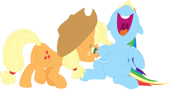 Size: 3556x1843 | Tagged: safe, artist:porygon2z, derpibooru import, applejack, rainbow dash, earth pony, pegasus, pony, feather, plot, simple background, tickling, transparent background