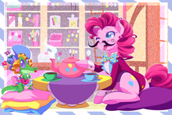 Size: 7086x4724 | Tagged: safe, artist:g-blue16, gummy, pinkie pie, earth pony, pony, moustache, sugarcube corner, tea, tea party, teacup, teapot