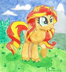 Size: 1250x1370 | Tagged: safe, artist:themisto97, sunset shimmer, pony, unicorn, alternate hairstyle, forest, human hair, mountain, painting, ponified, solo, traditional art, watercolor painting