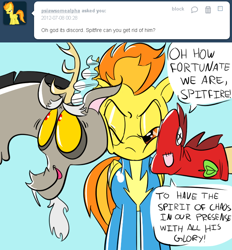 Size: 640x689 | Tagged: safe, artist:piranhaplantqueen, derpibooru import, discord, spitfire, pegasus, pony, annoyed, ask, blue background, clothes, grimdark big mac, one eye closed, simple background, sock puppet, tumblr, uniform, wonderbolts uniform