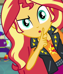 Size: 926x1079 | Tagged: safe, edit, edited screencap, screencap, sunset shimmer, better together, do it for the ponygram!, equestria girls, cropped, female, geode of empathy, magical geodes, shhh, solo