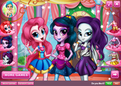 Size: 800x569 | Tagged: safe, derpibooru import, pinkie pie, rarity, twilight sparkle, equestria girls, bootleg, bra strap, clothes, dress, dressup, dressup game, game, makeover, skirt