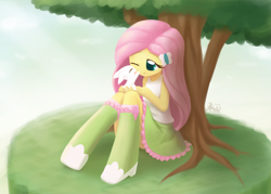 Size: 1692x1213 | Tagged: safe, artist:howxu, angel bunny, fluttershy, equestria girls, beautiful, clothes, cute, one eye closed, shyabetes, sitting, skirt, smiling, tanktop, tree, under the tree