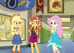 Size: 1520x1080 | Tagged: safe, screencap, applejack, fluttershy, sunset shimmer, better together, do it for the ponygram!, equestria girls, cropped, moments before disaster