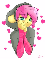 Size: 2500x3250 | Tagged: safe, artist:thederpyenthusiast, butterscotch, fluttershy, anthro, clothes, hoodie, rule 63, solo