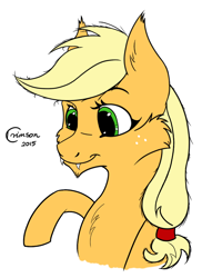 Size: 700x962 | Tagged: safe, artist:crimson, applejack, earth pony, hengstwolf, pony, werewolf, blonde, cheek fluff, chest fluff, color, fangs, hatless, missing accessory, ponytail, solo