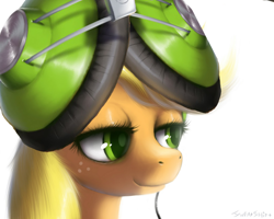 Size: 1600x1280 | Tagged: safe, artist:swaetshrit, edit, applejack, earth pony, pony, bust, hatless, headphones, missing accessory, portrait, simple background, solo