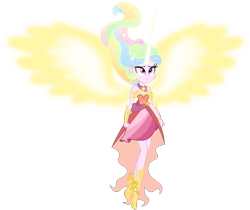 Size: 7000x5874 | Tagged: safe, artist:orin331, princess celestia, equestria girls, absurd resolution, alternate universe, clothes, daydream-ified, dress, floating, glowing horn, glowing wings, simple background, sleeveless, solo, strapless, transparent background, vector, younger