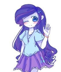 Size: 637x752 | Tagged: safe, artist:windymils, rarity, equestria girls, beautiful, blushing, clothes, cute, female, moe, one eye closed, raribetes, simple background, skirt, solo, white background, wink