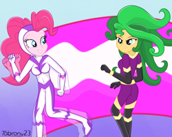 Size: 4000x3200 | Tagged: safe, artist:tabrony23, fili-second, mane-iac, pinkie pie, sunset shimmer, equestria girls, movie magic, spoiler:eqg specials, ass, butt, clothes, cosplay, costume, duo, motion blur, power ponies