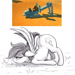 Size: 1928x1932 | Tagged: safe, artist:alcor, derpibooru import, rainbow dash, pegasus, pony, backbend, blushing, dock, face down ass up, female, floppy ears, grass, grayscale, human shoulders, iwtcird, lidded eyes, mare, meme, monochrome, plot, presenting, rainbutt dash, raised tail, reference, scrap mechanic, simple background, sketch, solo focus, spread wings, tail, white background, wings