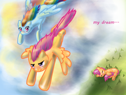 Size: 2000x1500 | Tagged: safe, artist:valeriyashyshkina, derpibooru import, rainbow dash, scootaloo, pegasus, pony, dream, female, filly, flying, grass, mare, scootaloo can fly, scootaloo can't fly, sleeping, tail between legs