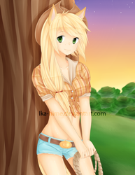 Size: 850x1100 | Tagged: safe, artist:ika-hime, applejack, human, clothes, eared humanization, front knot midriff, humanized, light skin, midriff, shorts, solo, tailed humanization, watermark