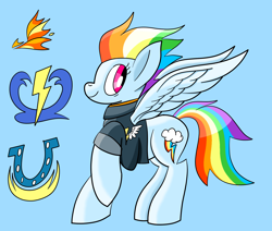 Size: 1662x1410 | Tagged: safe, artist:notadeliciouspotato, derpibooru import, fleetfoot, rainbow dash, soarin', spitfire, pegasus, pony, the last problem, clothes, cutie mark, female, jacket, mare, older, older rainbow dash, raised hoof, simple background, smiling, solo, spread wings, wings