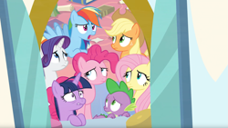 Size: 1673x944 | Tagged: safe, derpibooru import, screencap, applejack, fluttershy, pinkie pie, rainbow dash, rarity, spike, twilight sparkle, twilight sparkle (alicorn), alicorn, dragon, earth pony, pegasus, pony, unicorn, the ending of the end, mane six