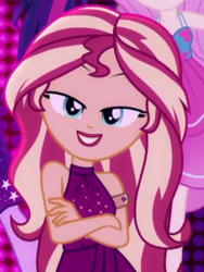 Size: 480x640 | Tagged: safe, edit, edited screencap, screencap, fluttershy, sci-twi, sunset shimmer, twilight sparkle, equestria girls, equestria girls series, i'm on a yacht, spoiler:eqg series (season 2), cropped, lipstick, neon eg logo, offscreen character, sleeveless, solo focus