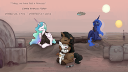 Size: 1920x1083 | Tagged: safe, artist:smudge proof, pipsqueak, princess celestia, princess luna, oc, oc:thunder ring, pony, unicorn, binary sunset, carrie fisher, chewbacca, clothes, cosplay, costume, crossover, han solo, luke skywalker, millenium falcon, obi-wan kenobi, star wars, tatooine, two suns, wallpaper