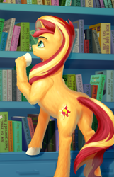 Size: 1221x1896 | Tagged: safe, artist:aterhut, sunset shimmer, pony, unicorn, book, bookshelf, butt, cute, cutie mark, female, fluffy, library, mare, plot, shimmerbetes, solo