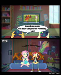 Size: 1288x1572 | Tagged: safe, edit, edited screencap, editor:teren rogriss, screencap, fluttershy, sunset satan, sunset shimmer, better together, equestria girls, game stream, aurebesh, chainsaw, comic, converse, gamer sunset, screencap comic, shimmercode, shoes, sneakers, sunset gamer, video game