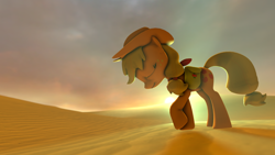 Size: 1920x1080 | Tagged: safe, artist:zoomerart, applejack, earth pony, pony, 3d, desert, eyes closed, lens flare, saddle bag, shadow, solo, source filmmaker, sun