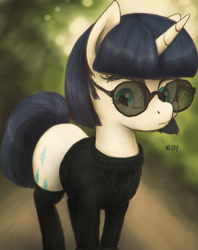 Size: 1139x1441 | Tagged: safe, artist:plotcore, rarity, pony, unicorn, alternate hairstyle, clothes, female, glasses, mare, socks, solo, sweater, translation request